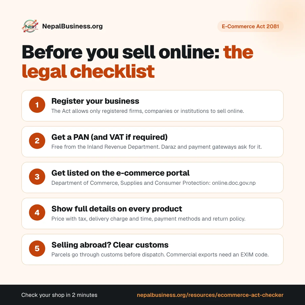Legal checklist before selling online in Nepal: register your business, get a PAN, list on the e-commerce portal, show full product details and clear customs when selling abroad